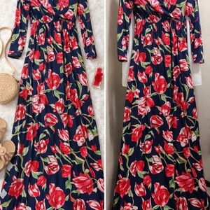 Floral pregnancy Wrap Maxi Dress in Navy and Red